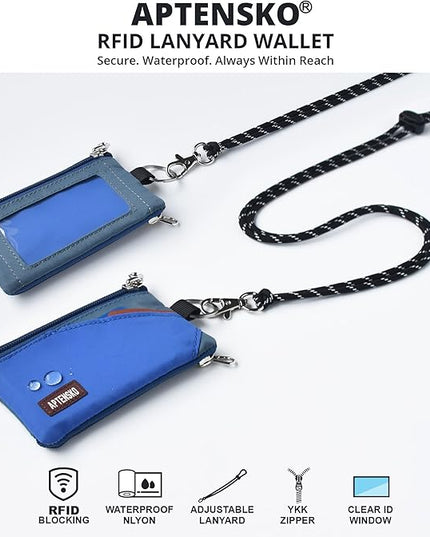 RFID Travel Wallet with Adjustable Lanyard-Zipper Small Wallet with ID Card Holder, Keychain for women&men-Minimalist Slim Waterproof Nylon case for ID, Cash, Key (Blue+SlateBlue)