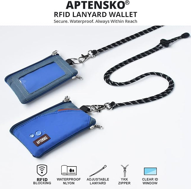 RFID Travel Wallet with Adjustable Lanyard-Zipper Small Wallet with ID Card Holder, Keychain for women&men-Minimalist Slim Waterproof Nylon case for ID, Cash, Key (Blue+SlateBlue)
