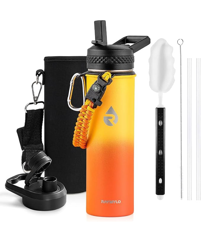 Insulated Water Bottle 20 oz, Triple Wall Vacuum Stainless Steel (Cold for 48 Hrs), Leak Proof & Non-BPA, Kids Water Bottle Jug for School with Straw Spout Lids, Ombre Orange