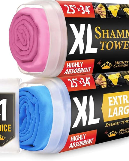 Premium XL Shammy Towel for Car - 2pk (34"x25") - Super Absorbent Chamois Cloth for Drying - Spots & Scratch-Free, Reusable