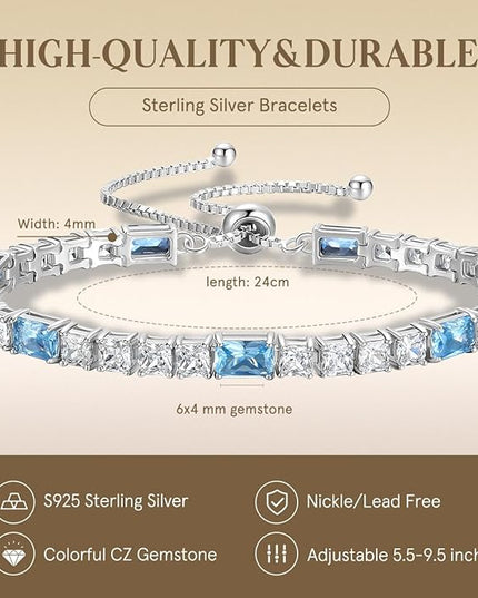 FANCIME Birthstone Bracelet for Women, Sterling Silver 4x6mm Gemstone Tennis Bracelet Bolo Adjustable Chain Fine Jewelry Birthday Gifts for Women Mom Wife Her