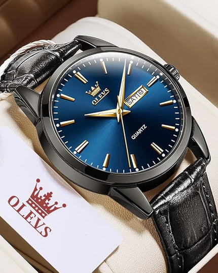 OLEVS Watches for Men Brown Leather Gold Case Analog Quartz Fashion Business Dress Watch Day Date Luminous Waterproof Casual Male Wrist Watches