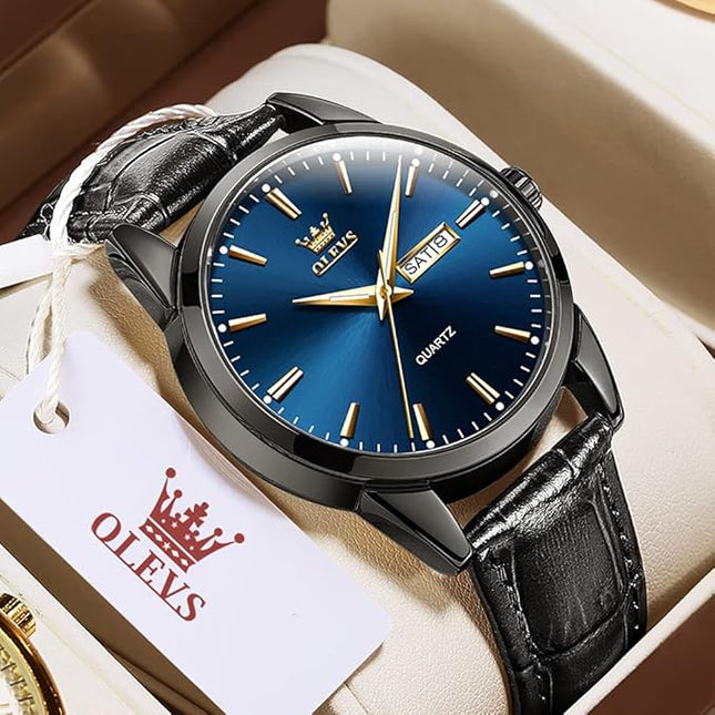 OLEVS Watches for Men Brown Leather Gold Case Analog Quartz Fashion Business Dress Watch Day Date Luminous Waterproof Casual Male Wrist Watches