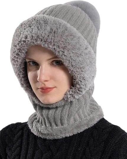 HUAMULAN Women Winter Beanie Hats One Piece Fleece Lined Knit Balaclavas Mask Set Skull Neck Circle Scarf Ski Snow Hat Pompom