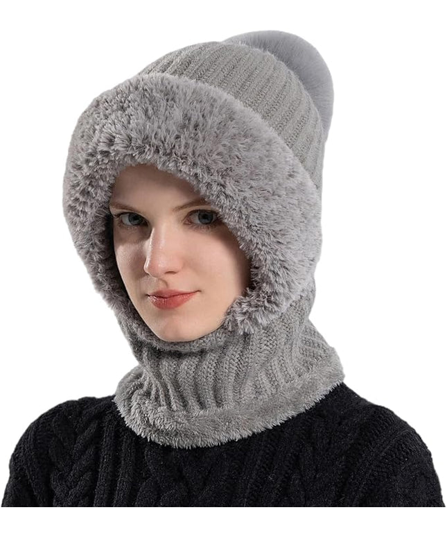 HUAMULAN Women Winter Beanie Hats One Piece Fleece Lined Knit Balaclavas Mask Set Skull Neck Circle Scarf Ski Snow Hat Pompom