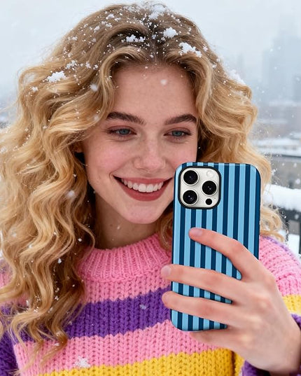 Magnetic for iPhone 16 Pro Case Cute Stripes Phone Case, Shockproof Slim TPU and Hard PC Protective Phone Cover Compatible with MagSafe Designed for Women Girls, Lake Blue
