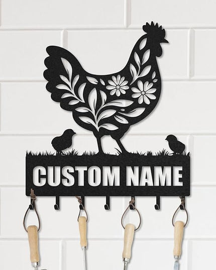 LOWACOS Personalized Key Holder for Wall, Custom Metal Chicken Key Hooks with Name, Meta Jacket Holder Hooks Organizer Rack, Jacket Hanger Decor for Kitchen, Entryway, Hallway, Office, Doorway