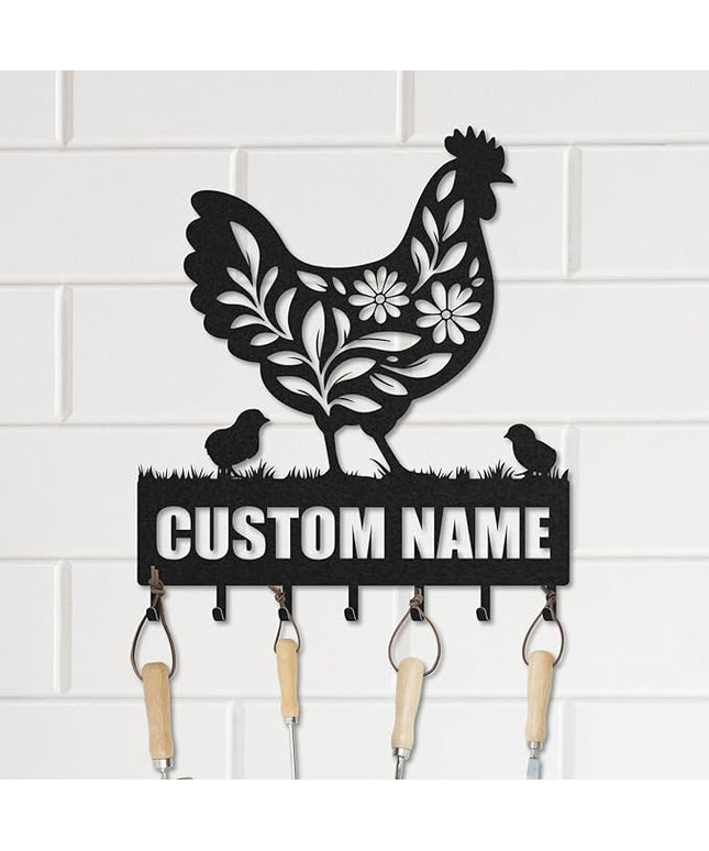 LOWACOS Personalized Key Holder for Wall, Custom Metal Chicken Key Hooks with Name, Meta Jacket Holder Hooks Organizer Rack, Jacket Hanger Decor for Kitchen, Entryway, Hallway, Office, Doorway