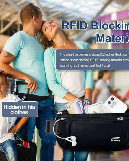RFID Blocking Money Belt for Men Women, Slim Fanny Pack For Travel，Running,Conceal Waist Wallet For Passport Holder,Phone,Cash(Dark Black)