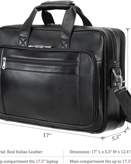 Men's Solid Thick Full Grain Leather 17.3" Laptop Briefcase Classic Messenger Bag Fit Business Travel | Solid, Thick, Full Grain Leather, 17.3", Classic, Fit, Business Travel