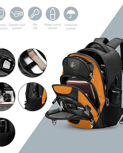 Swissdigital Design Laptop Backpack with USB Charging Port, Travel Backpack Fits 15.6 inches Computer, 31L College School Backpack for Men, Orange/Black | SD803-66
