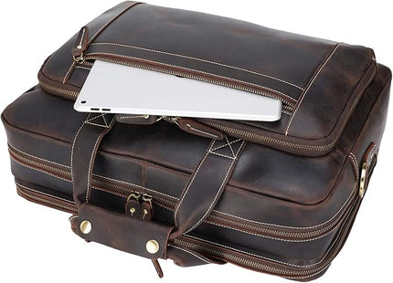 Men's Solid Thick Full Grain Leather 17.3" Laptop Briefcase Classic Messenger Bag Fit Business Travel | Solid, Thick, Full Grain Leather, 17.3", Classic, Fit, Business Travel