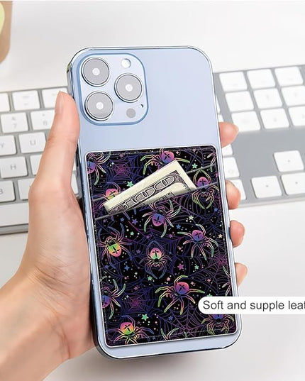 Phone Card Holder, Dual Pocket Leather Wallet Adhesive Stick On, Cute Credit Card Holder for Smartphones Case Compatible with Most Phone（Colored spider）