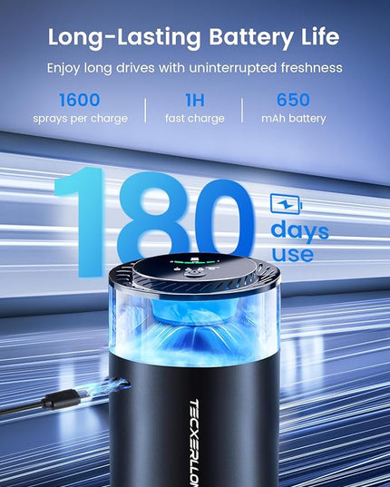 Car Air Freshener, Car Diffuser with Smart Spray Modes (4 Settings) & Essential Oil Monitor, 1600 Sprays USB-C Rechargeable, Auto On/Off, 2 Scents Refills, Car Scent with Ambient Light