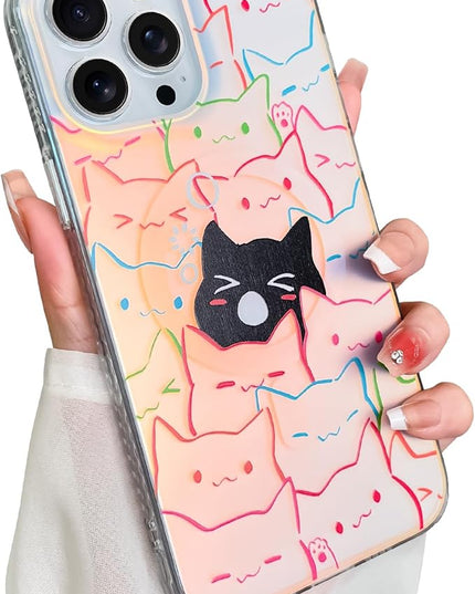 Cute Case for iPhone 13 Pro Case for Women Girls Boys [ Compatible with Magsafe ] Iridescent and Black Cats Cat Pattern Design, Kawaii Colorful Animal Soft Bumper Protective Phone Cover