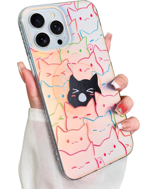 Cute Case for iPhone 13 Pro Case for Women Girls Boys [ Compatible with Magsafe ] Iridescent and Black Cats Cat Pattern Design, Kawaii Colorful Animal Soft Bumper Protective Phone Cover