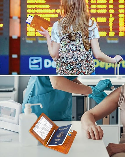 ACdream Passport and Vaccine Card Holder Combo, Cover Case with CDC Vaccination Card Slot, Leather Travel Documents Organizer Protector, with RFID Blocking, for Women and Men, C - Yellow & Plane, C