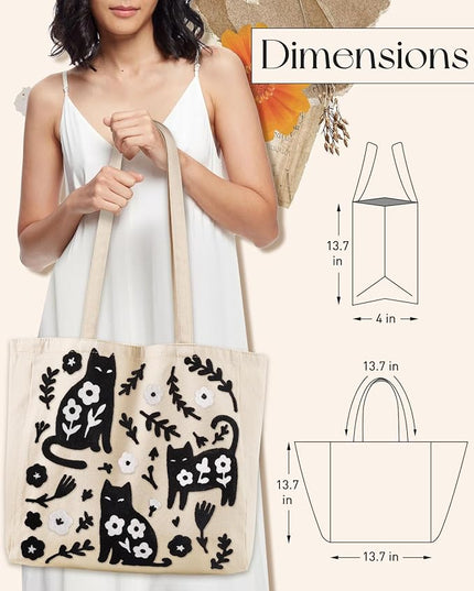 Embroidery Canvas Tote Bag for Women - Reusable Totes with Pocket & Buckle Aesthetic Cute Grocery Shoulder Bag