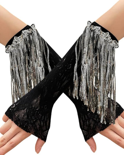 Sequin Fringe Gloves,Fingerless Lace Arm Sleeves For Women,Sparkly Rave Party Costume Fits US 0-8