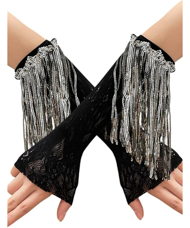 Sequin Fringe Gloves,Fingerless Lace Arm Sleeves For Women,Sparkly Rave Party Costume Fits US 0-8