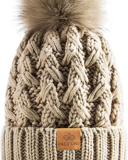 PAGE ONE Womens Winter Ribbed Beanie Crossed Cap Chunky Cable Knit Pompom Soft Warm Hat