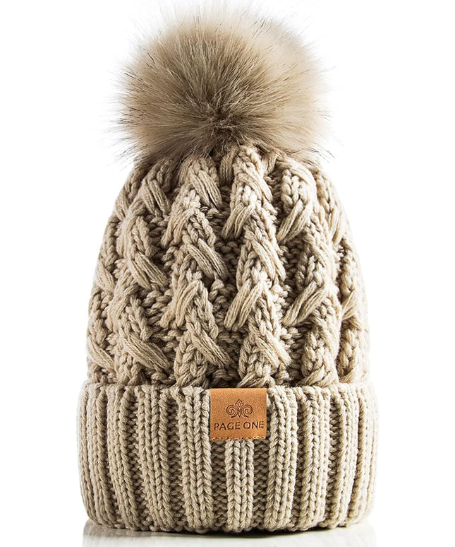 PAGE ONE Womens Winter Ribbed Beanie Crossed Cap Chunky Cable Knit Pompom Soft Warm Hat