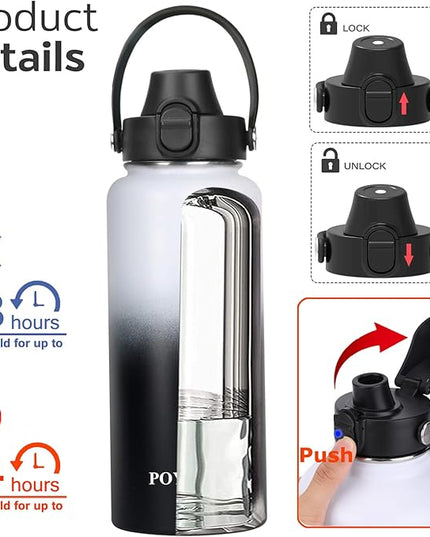 Water Bottle Insulated 32oz 40oz 64oz 128oz Straw Lid Spout Lid & 3 Lids, Leak Proof, Vacuum Insulated,Stainless Steel Water Bottle Wide Mouth for Sports, Gym or Office