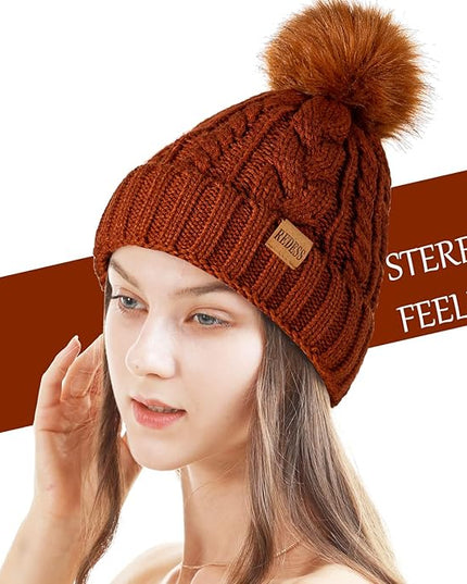 REDESS Women Winter Pompom Beanie Hat with Warm Fleece Lined, Thick Slouchy Snow Knit Skull Ski Cap