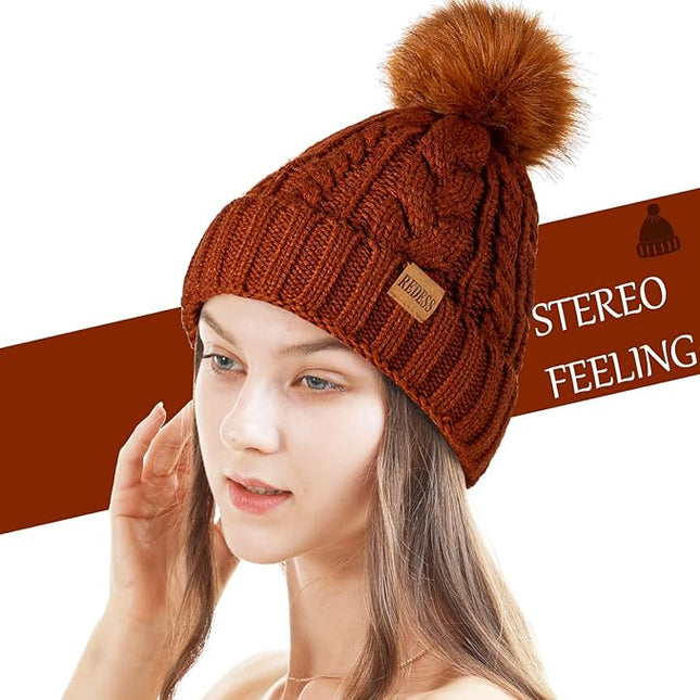 REDESS Women Winter Pompom Beanie Hat with Warm Fleece Lined, Thick Slouchy Snow Knit Skull Ski Cap
