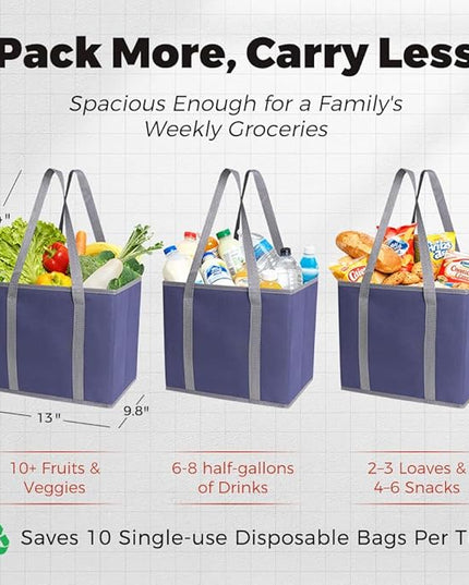 DOUKE Reusable Grocery Tote Bags, 3-Pack Heavy Duty Reusable Shopping Bags with Long Handles, Large Box Shape Tote Bags to Stand Up, Stay Open, Fold Flat (Navy Blue)