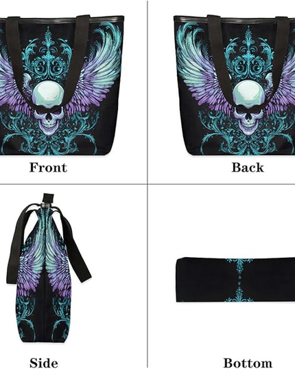 Pardick Gothic Skull Canvas Tote Bag, Eco Friendly Reusable Grocery Shopping Bags Beach Bag Book Tote Handbags Washable Shoulder Bag With Zipper Inner Pocket for Women Girls