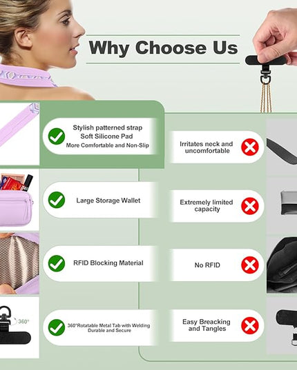 Clip and Go Strap for Phone with Wallet Crossbody, Adjustable Phone Lanyard with Detachable RFID Wristlet Wallet, Pattern Strap, Light Purple(M)