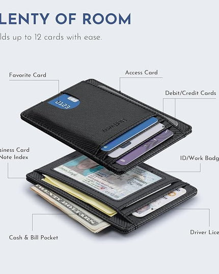 Buffway Slim Minimalist Front Pocket RFID Blocking Leather Wallets for Men and Women - Peak Black