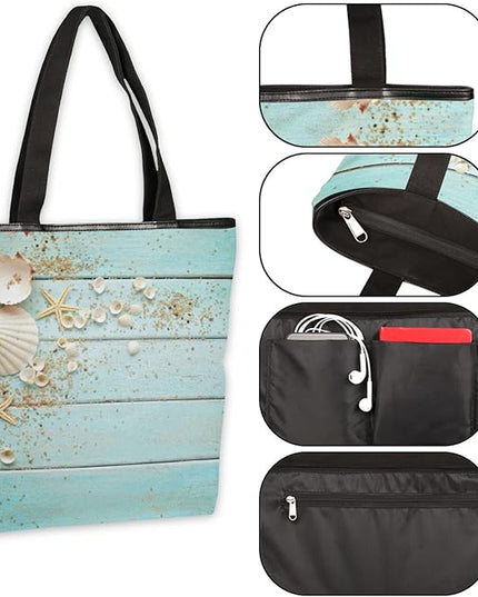Pardick Blue Wooden Seashell Canvas Tote Bag, Womens Shoulder Bag Handbag with Zipper Book Tote Reusable Grocery Shopping Bags Beach Bag