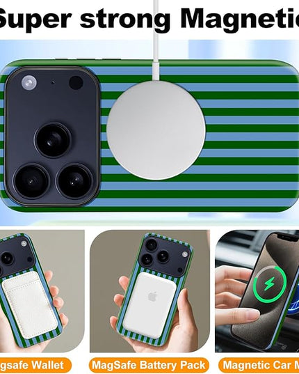 Magnetic for iPhone 17 Pro Max Case Cute Stripes Phone Case, Shockproof Slim TPU and Hard PC Protective Phone Cover Compatible with MagSafe Designed for Women Girls, Green and Blue