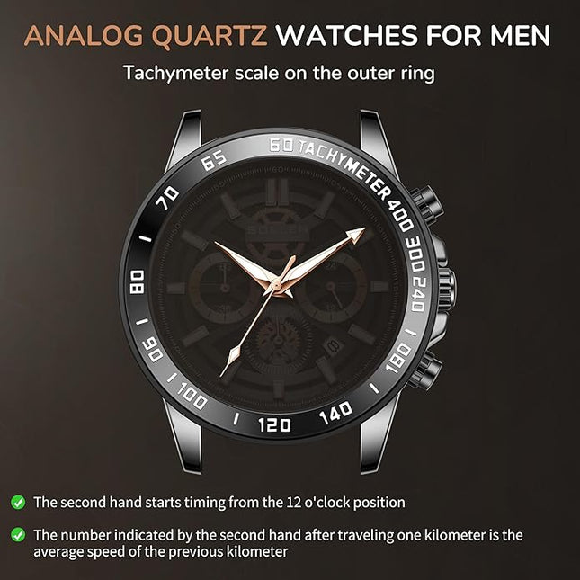 SOLLEN Black Chronograph Watches for Men, Analog Quartz Mens Watches, Fashion Sport Wrist Watches with Calendar, 30M Waterproof Luxury Casual Dress Work Watch, Luminous Skeleton Watches Gifts for Men