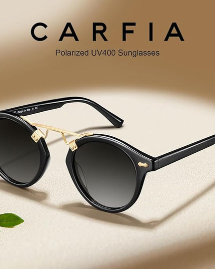 CARFIA Small Face Acetate Polarized Sunglasses for Women UV Protection, Retro Double Bridge Eyewears Metal Brow Round Sunnies
