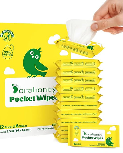 Unscented Travel Wet Wipes, 99% Purified Water Mini Wipes for Sensitive Skin, Hypoallergenic & Plastic-Free Pocket Wipes, 72 Count (12 Packs of 6)