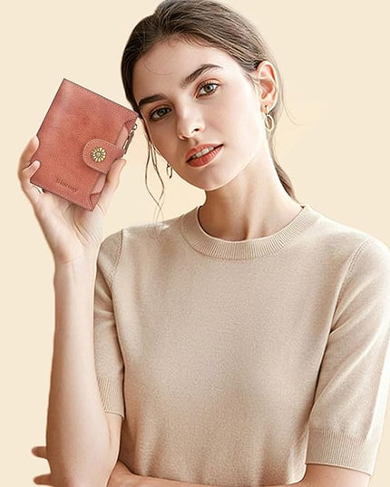 Blucoay Wallet Women,RFID Blocking Leather Womens Wallet Bifold Compact Card Holder Small Wallet for Women with Removable ID Window Pink
