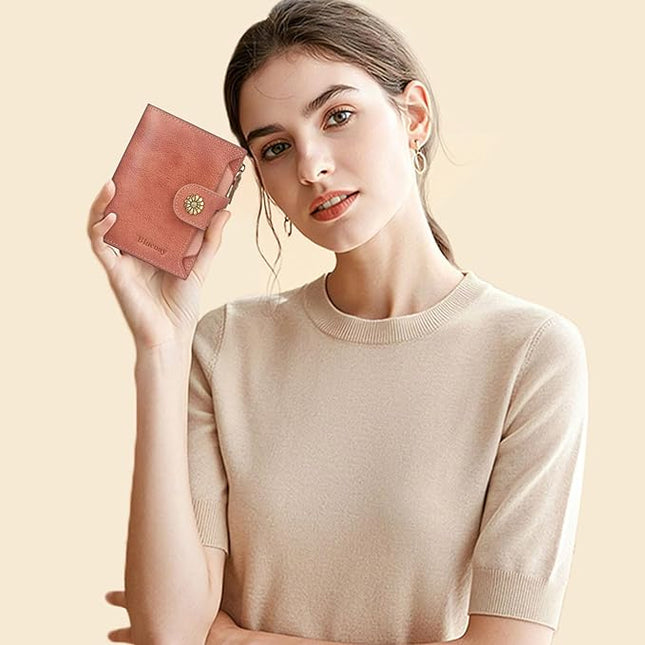 Blucoay Wallet Women,RFID Blocking Leather Womens Wallet Bifold Compact Card Holder Small Wallet for Women with Removable ID Window Pink