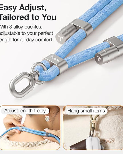 TORRAS Phone Lanyard Crossbody with 2 Phone Tabs, Adjustable Anti Theft Phone Strap for Phones, Premium Metal Buckles, Skin-Friendly, Universal Cell Phone Neck lanyard for Women and Men, Light Blue