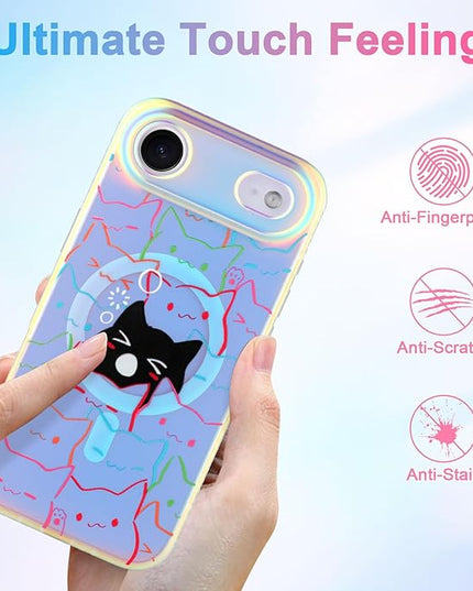 Cute Case for iPhone Air Case for Women Girls Boys [ Compatible with Magsafe ] Iridescent and Black Cats Cat Pattern Design, Kawaii Colorful Animal Soft Bumper Protective Phone Cover