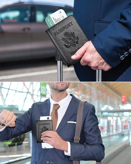 Eoehro Passport and Vaccine Card Holder Combo, Faux Leather, Compact, Lightweight, Waterproof, AA-Black