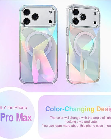 Cute Case for iPhone 17 Pro Max Case for Women Girls [ Compatible with Magsafe ] Clear Glitter Girly Aesthetic Rainbow Sparkly Bling Magnetic Phone Cover, Iridescent Geometry