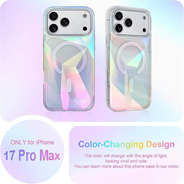 Cute Case for iPhone 17 Pro Max Case for Women Girls [ Compatible with Magsafe ] Clear Glitter Girly Aesthetic Rainbow Sparkly Bling Magnetic Phone Cover, Iridescent Geometry