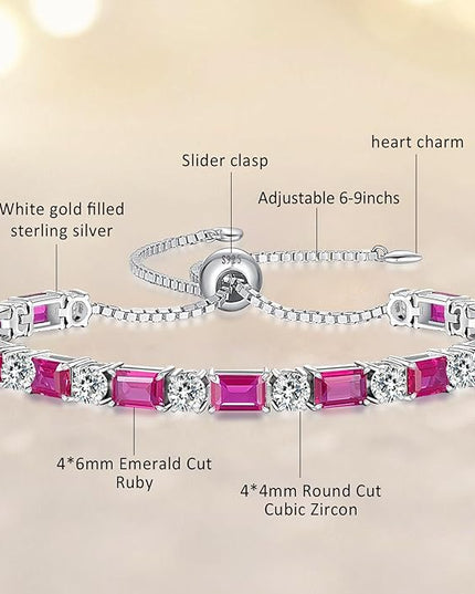 Birthstone Tennis Bracelets for Women White Gold Sterling Silver Gemstone Bracelets Adjustable Chain 6-9 Inchs Jewelry Anniversary Birthday Gifts for Women Mom Wife Her