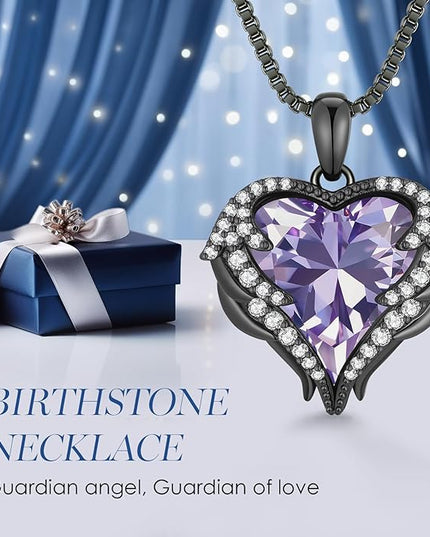 CDE Christmas Gifts for Women Angel Wings Necklace for Women with Birthstone, Love Heart Silver Tone/Gold Tone Pendant, Ideal Anniversary or Birthday Jewelry Gifts for Wife Girlfriend Her