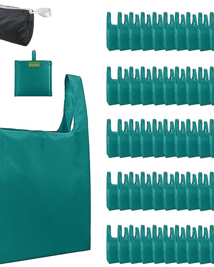 BeeGreen Marrs Reusable Grocery Bags Wholesale Green Reusable Kitchen Bags Bulk Foldable-Machine Washable with Zipper Storage Pouch 50 Packs