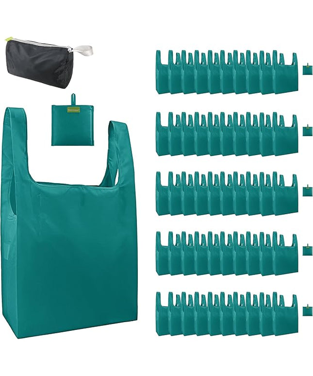 BeeGreen Marrs Reusable Grocery Bags Wholesale Green Reusable Kitchen Bags Bulk Foldable-Machine Washable with Zipper Storage Pouch 50 Packs