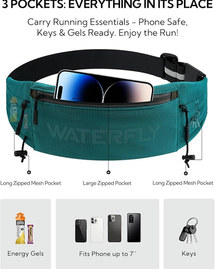 WATERFLY Running Belt Fanny Pack: Breathable 3 Pocket Waist Bag for Men Women Workout Exercise Fitness Phone Holder Fits All Phones - Runner Marathon Jogging Race Belt with Bib Clip Green